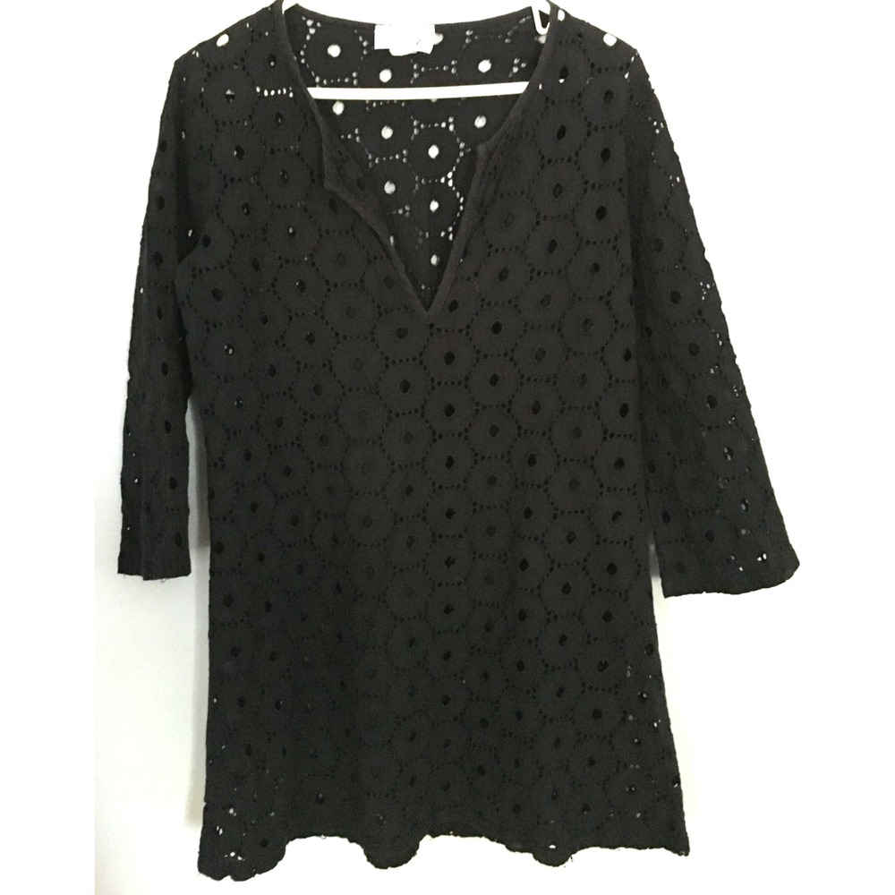 Jordan Taylor Swim Cover Up Womens Large Black Eyelet Lace Tunic Made in USA EUC